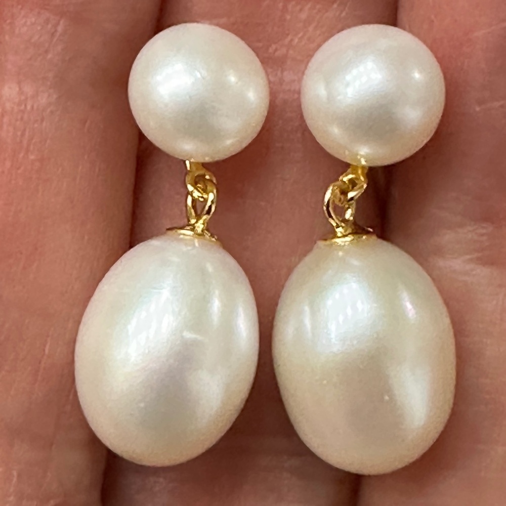 7.3mm & 9.3mm White Cultured Pearls Double Drop Earrings -14K YG Plated 925 Silv